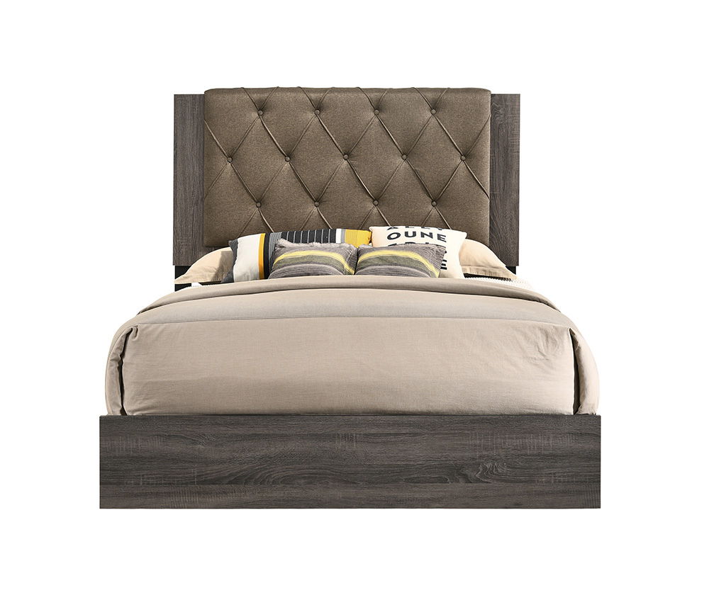Avantika - Eastern King Bed - Fabric & Rustic Gray Oak