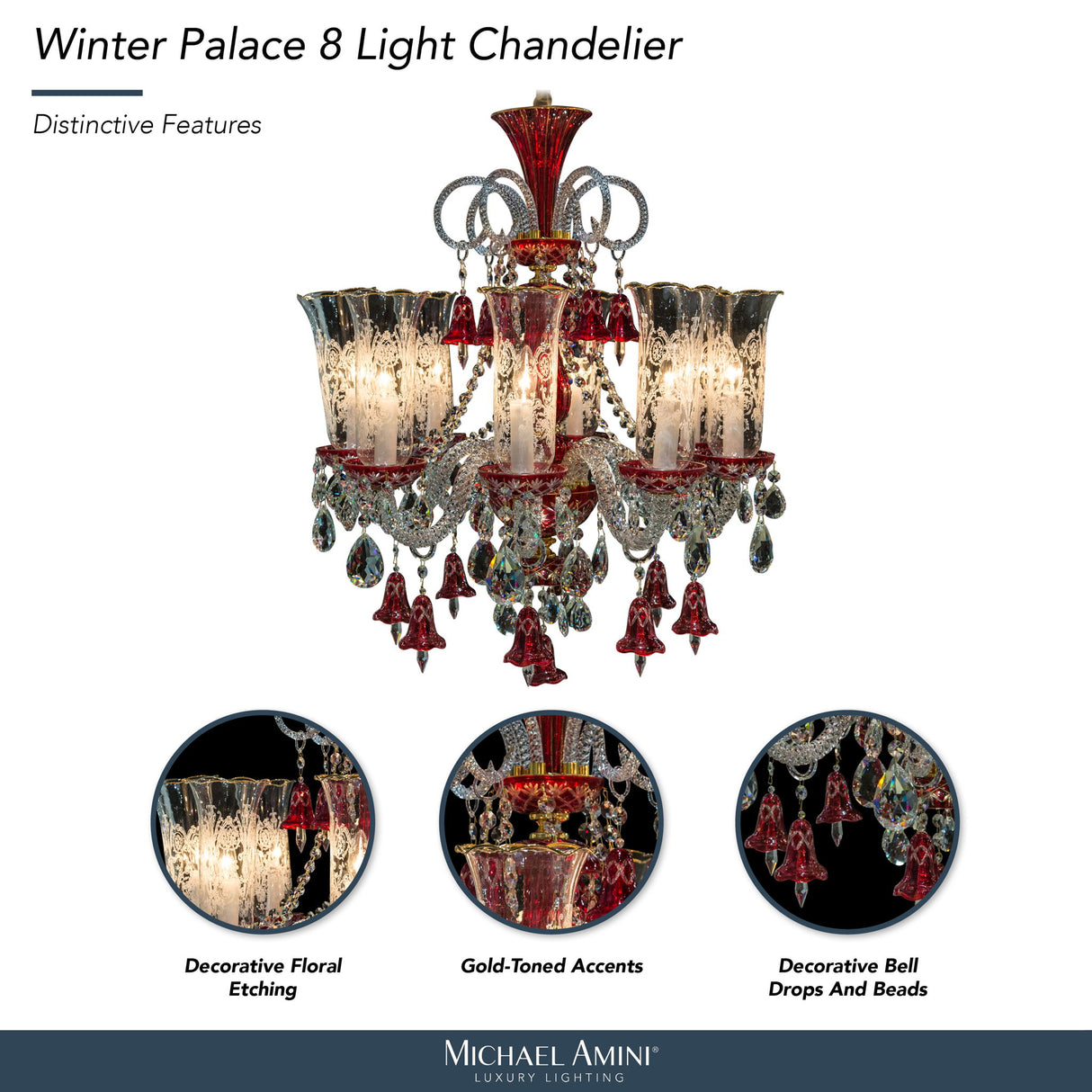 Michael Amini Lighting - Winter Palace 8-Light Traditional Crystal Chandelier - Ruby Red / Pearl Silver