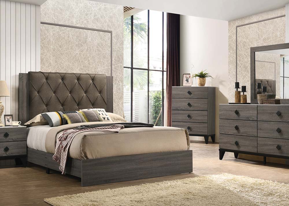 Avantika - Eastern King Bed - Fabric & Rustic Gray Oak