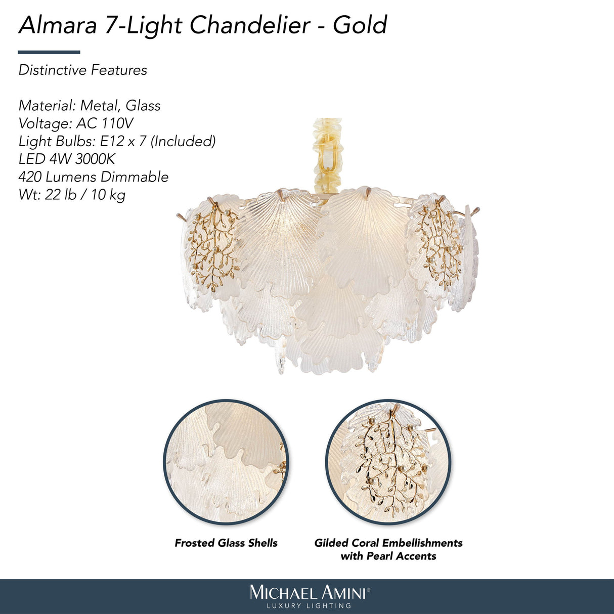 Michael Amini Lighting - Almara 7-Light Frosted Glass Chandelier - Frost / Gold