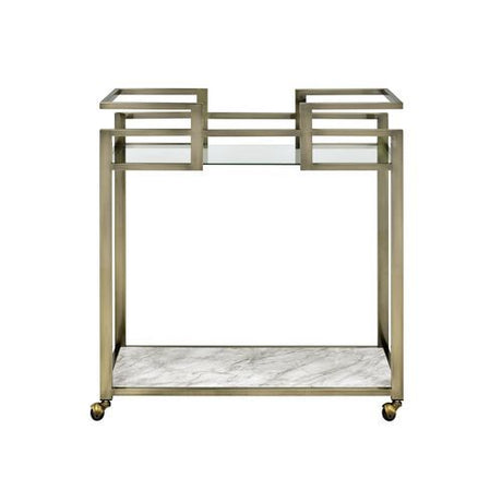 Neilo - Serving Cart - Clear Glass, Faux Marble Top & Wire Brass