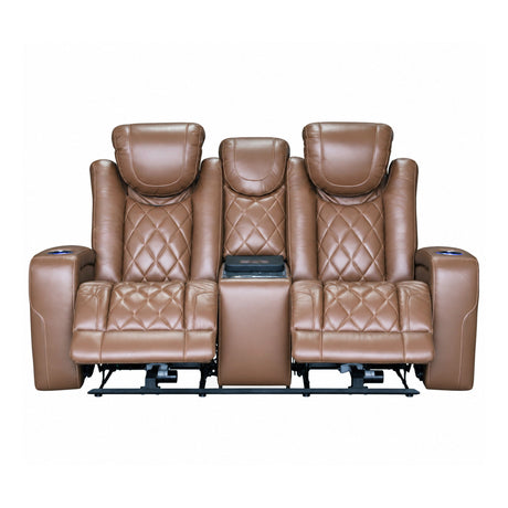 Dorian - Reclining Leather Loveseat With Power Headrest, Footrest And Cooler - Brown