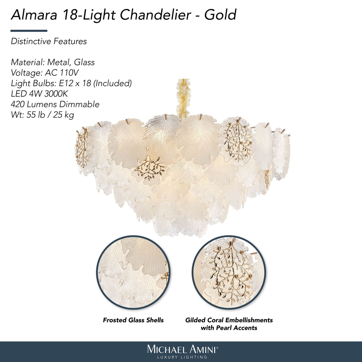 Michael Amini Lighting - Almara 18-Light Frosted Glass Chandelier - Frost / Gold