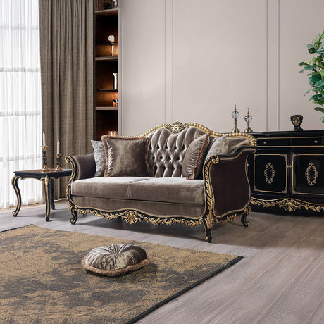 Betria - Loveseat With 4 Pillows - Light Green Velvet, Gold & Black High Gloss