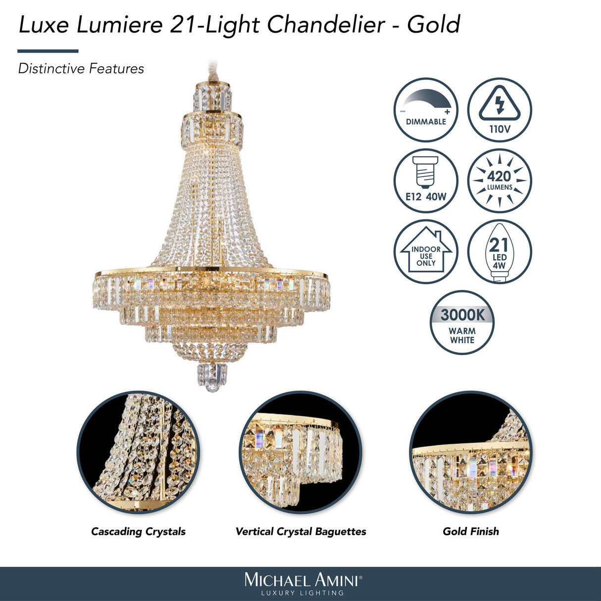 Michael Amini Lighting - Luxe Lumiere 21-Light Crystal Chandelier - Gold