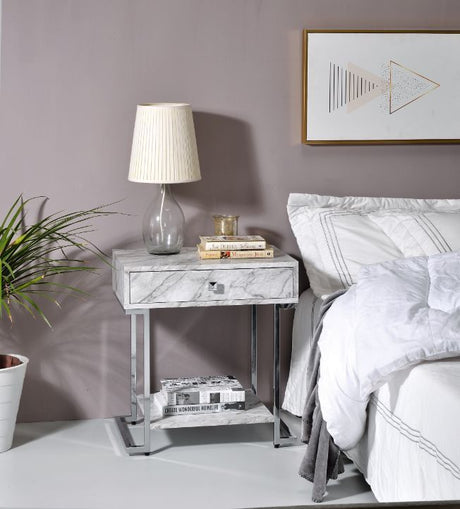 Wither - Accent Table - White Printed Faux Marble & Chrome